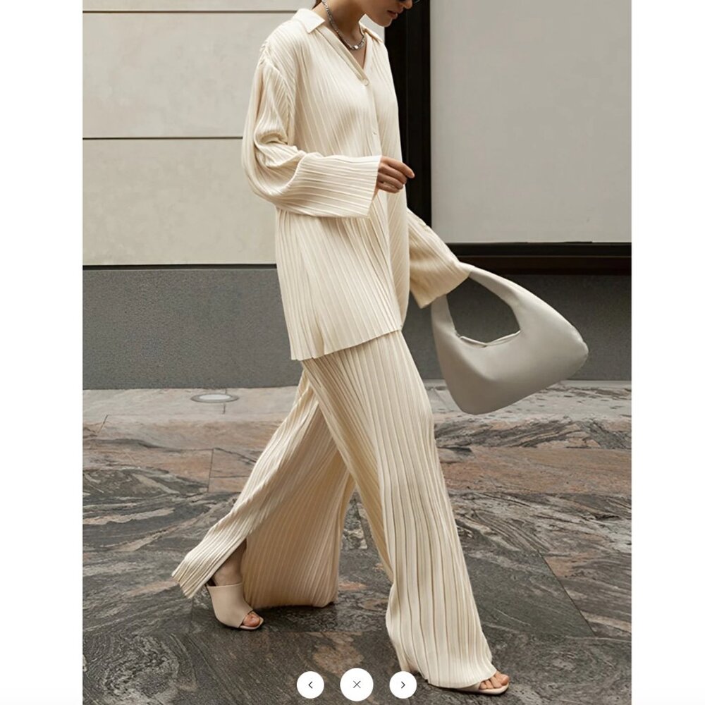 Commense Cream Pleated Pants & Top Set